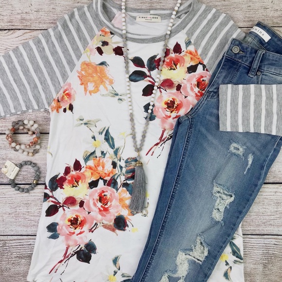 Tops - NWT Floral & Stripe Baseball Tee Ivory & Grey